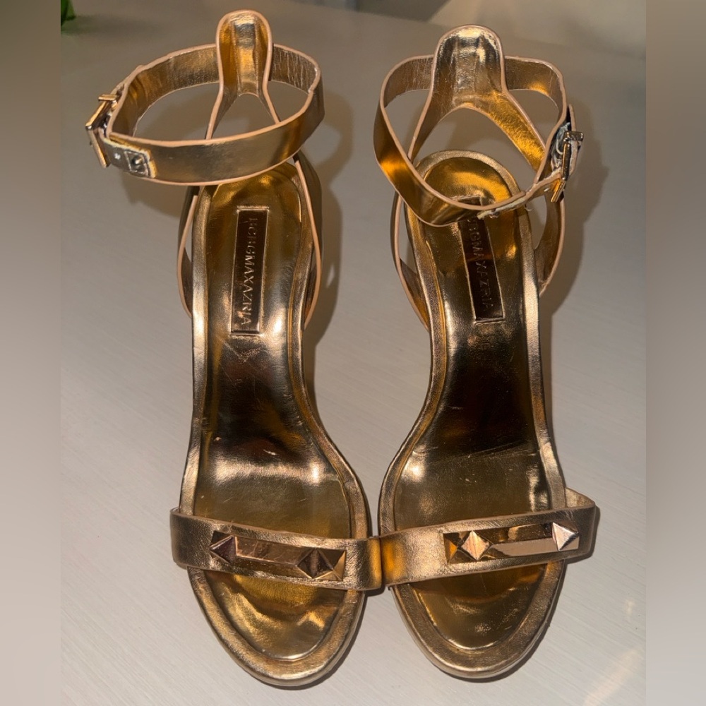 BCBG MaxAzria Rose Gold Studded Ankle Strap Stiletto Heels 5”